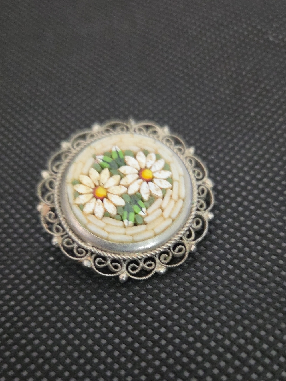 Vintage Floral Micro-Mosaic Brooch - White & Yellow Daisies